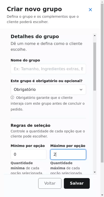Regras de seleção do grupo de adicionais do Açaí no Menuz