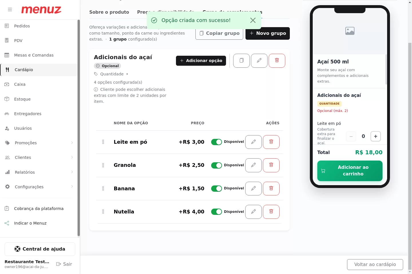 Grupo de adicionais do Açaí já configurado no Menuz