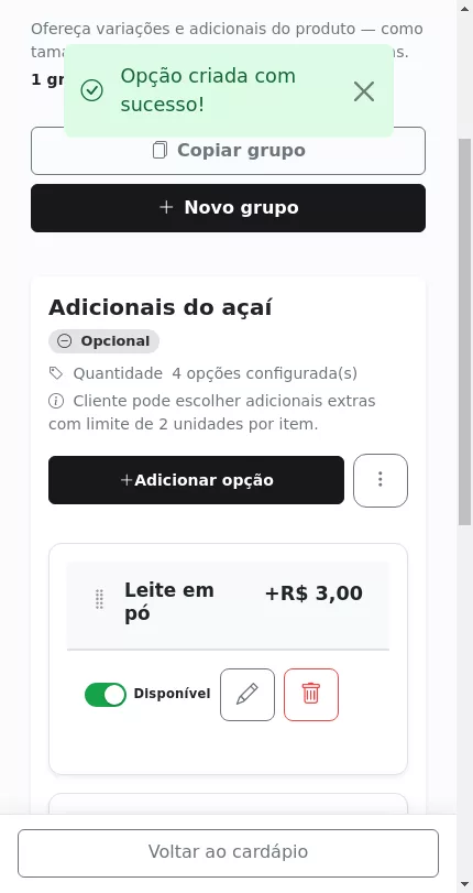 Grupo de adicionais do Açaí já configurado no Menuz