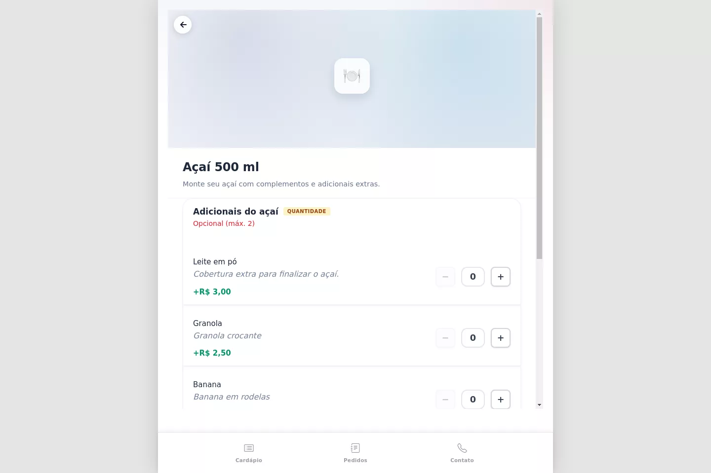 Seleção de adicionais do Açaí no cardápio digital do Menuz