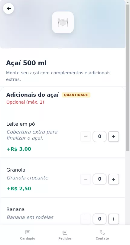 Seleção de adicionais do Açaí no cardápio digital do Menuz