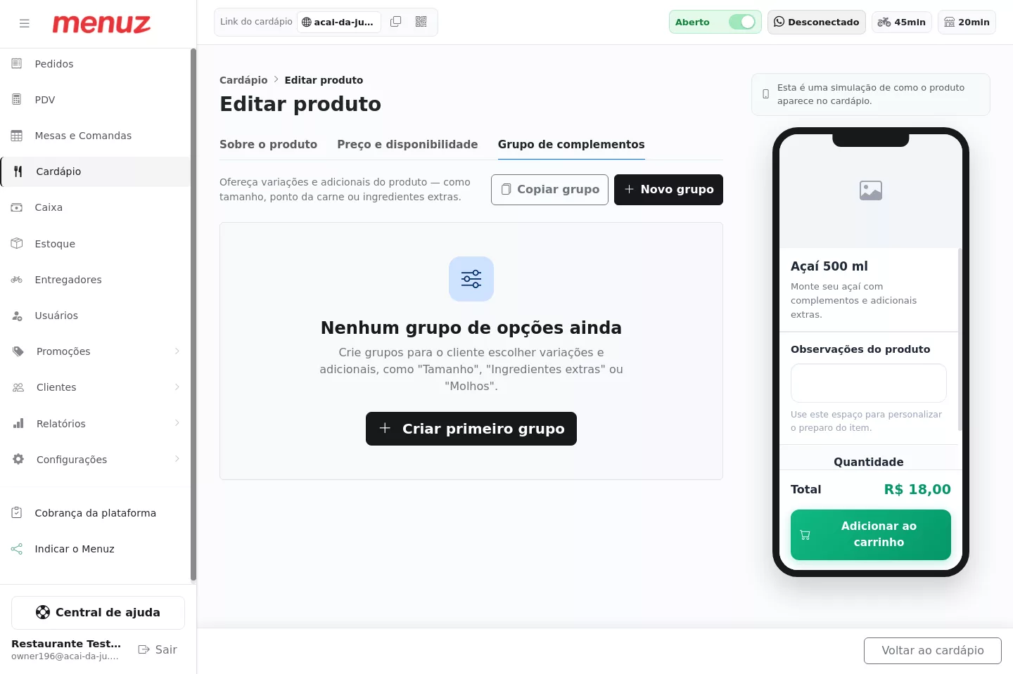Tela de complementos do produto no Menuz