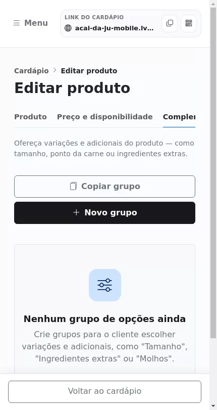 Tela de complementos do produto no Menuz