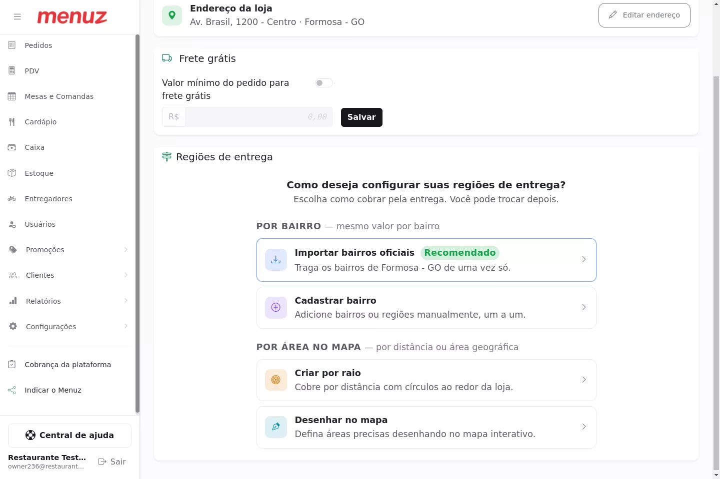 Opções de configuração das regiões de entrega no Menuz