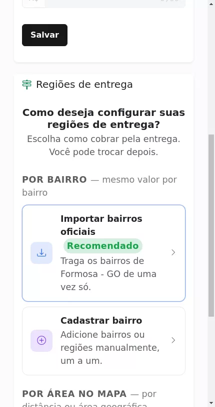 Opções de configuração das regiões de entrega no Menuz