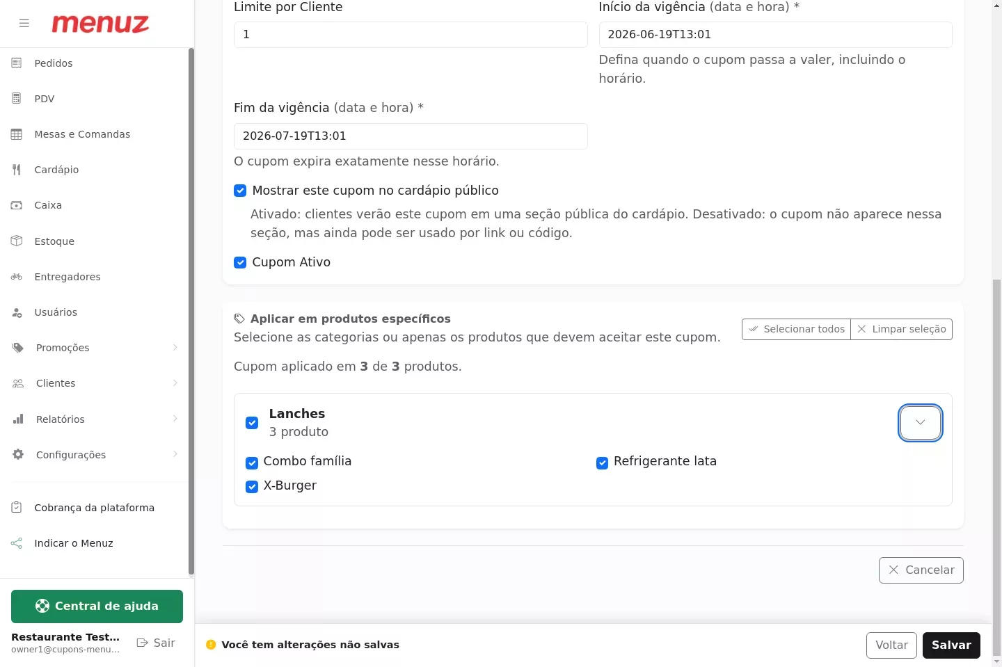 Seleção de produtos elegíveis ao cupom no Menuz