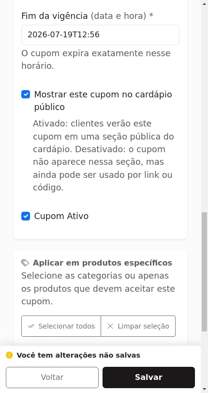 Seleção de produtos elegíveis ao cupom no Menuz