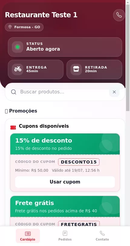 Cupons exibidos no cardápio público do Menuz