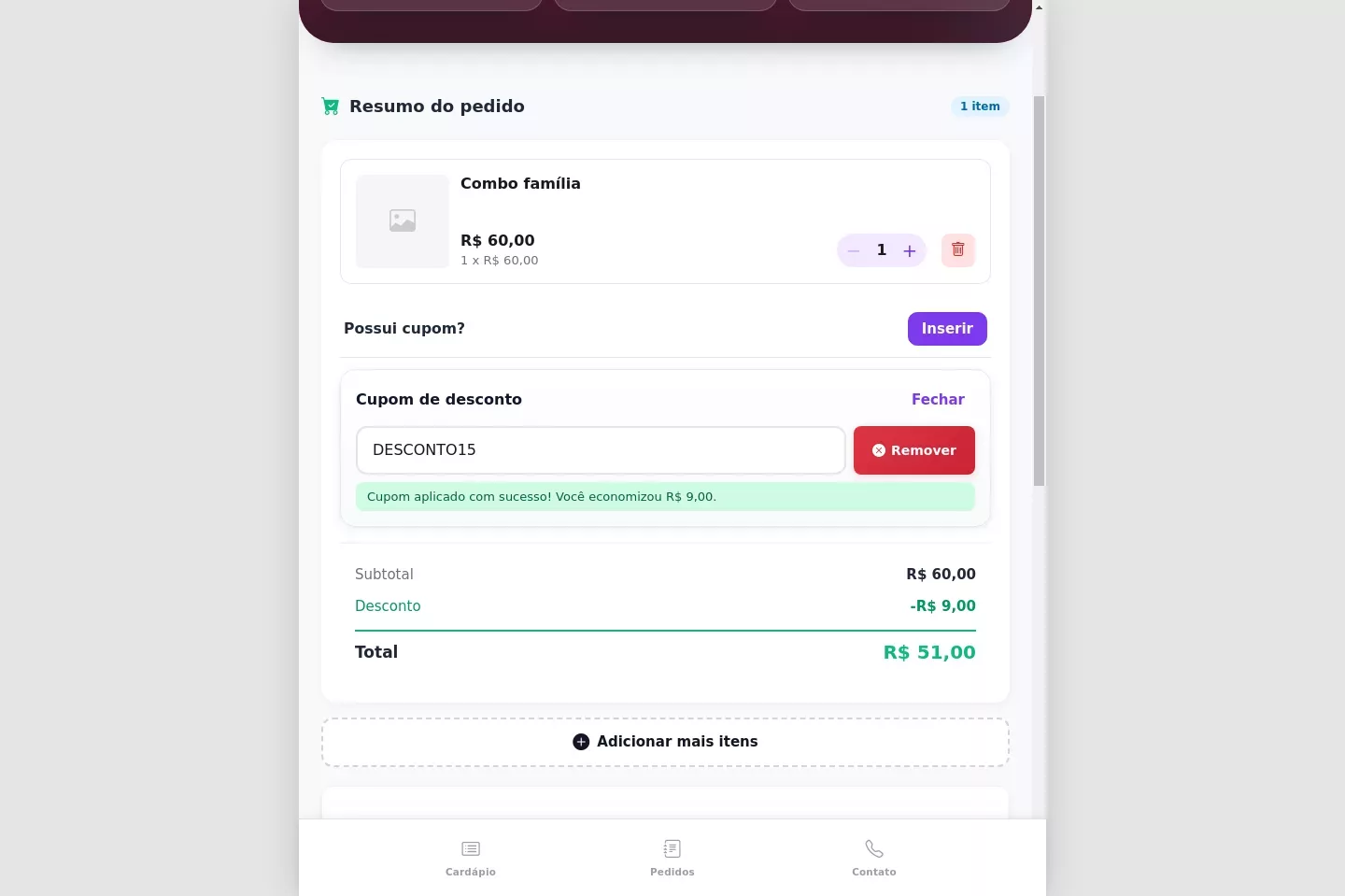 Cupom aplicado no checkout do Menuz