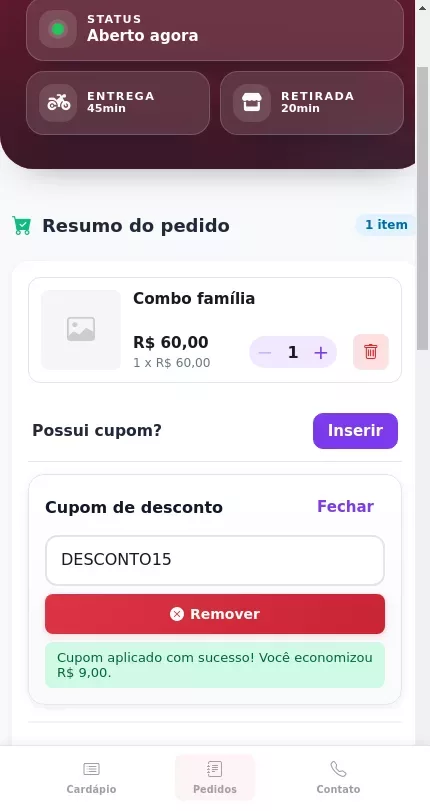 Cupom aplicado no checkout do Menuz