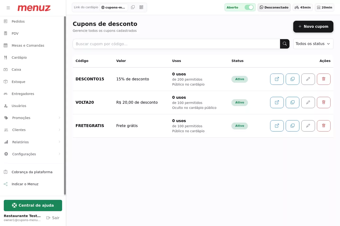 Lista de cupons de desconto no Menuz
