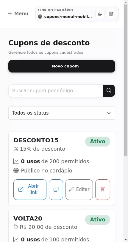 Lista de cupons de desconto no Menuz