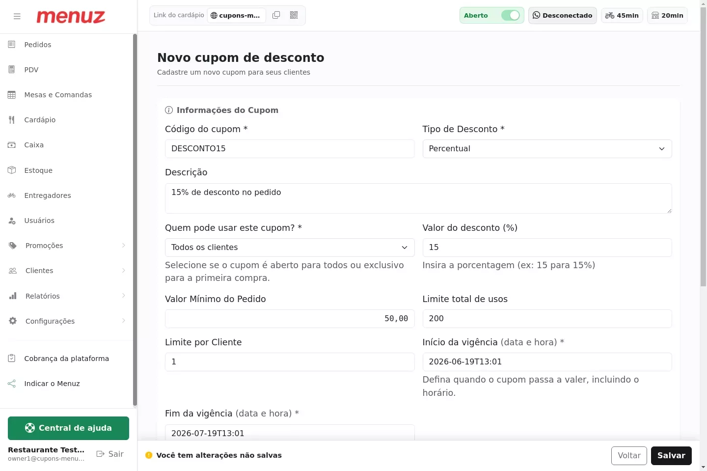 Formulário de criação de cupom no Menuz