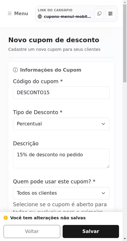 Formulário de criação de cupom no Menuz