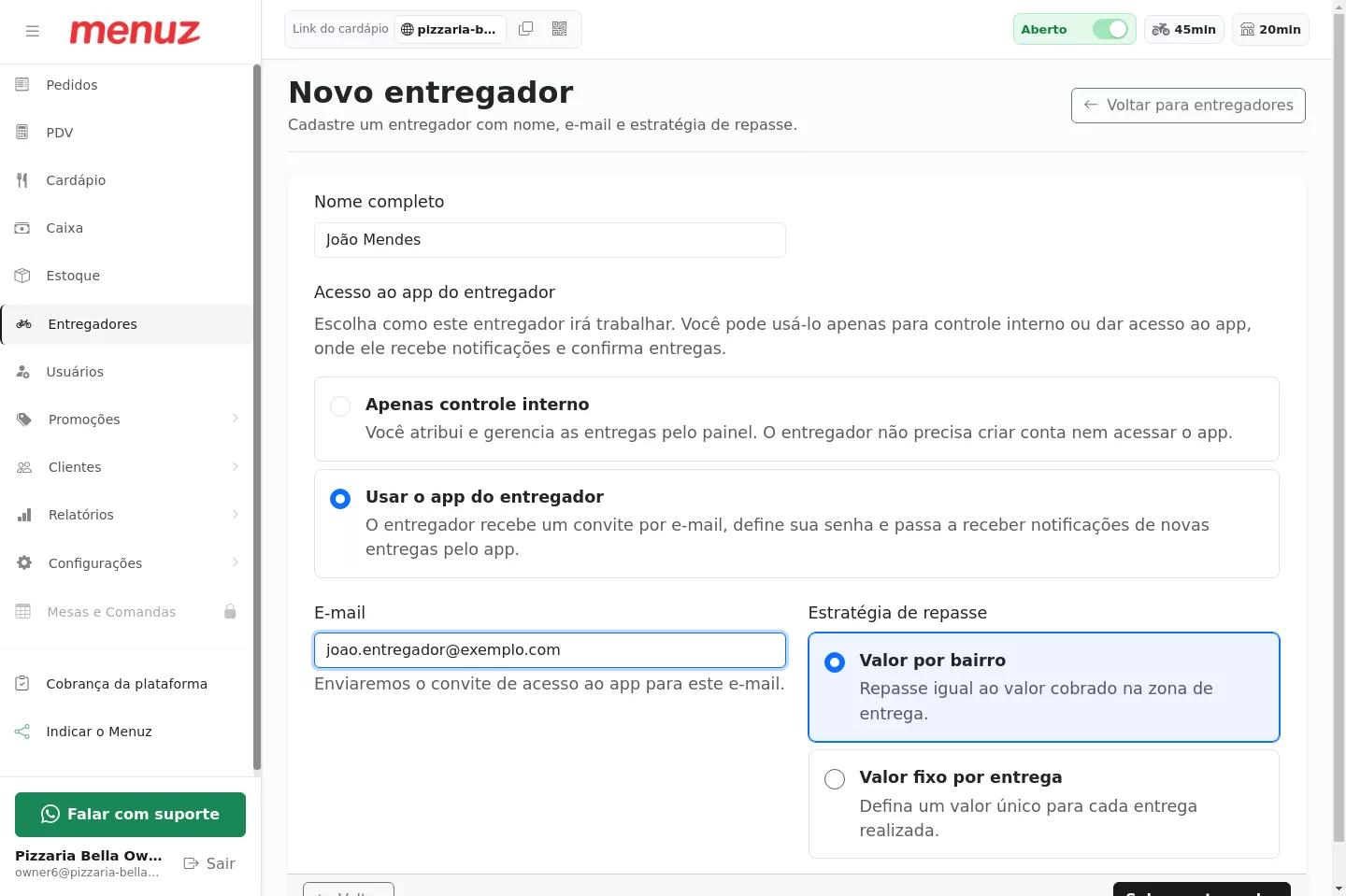 Cadastro de um novo entregador