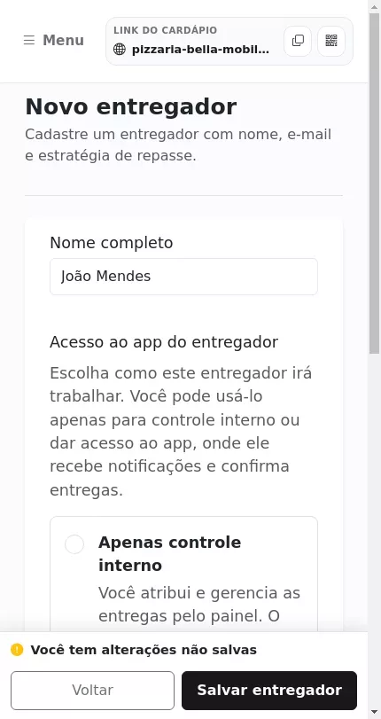 Cadastro de um novo entregador