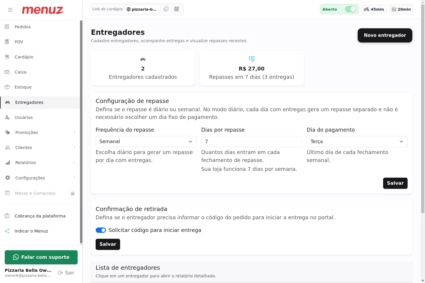 Lista de entregadores e configurações