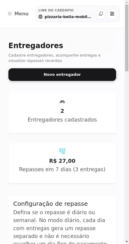 Lista de entregadores e configurações