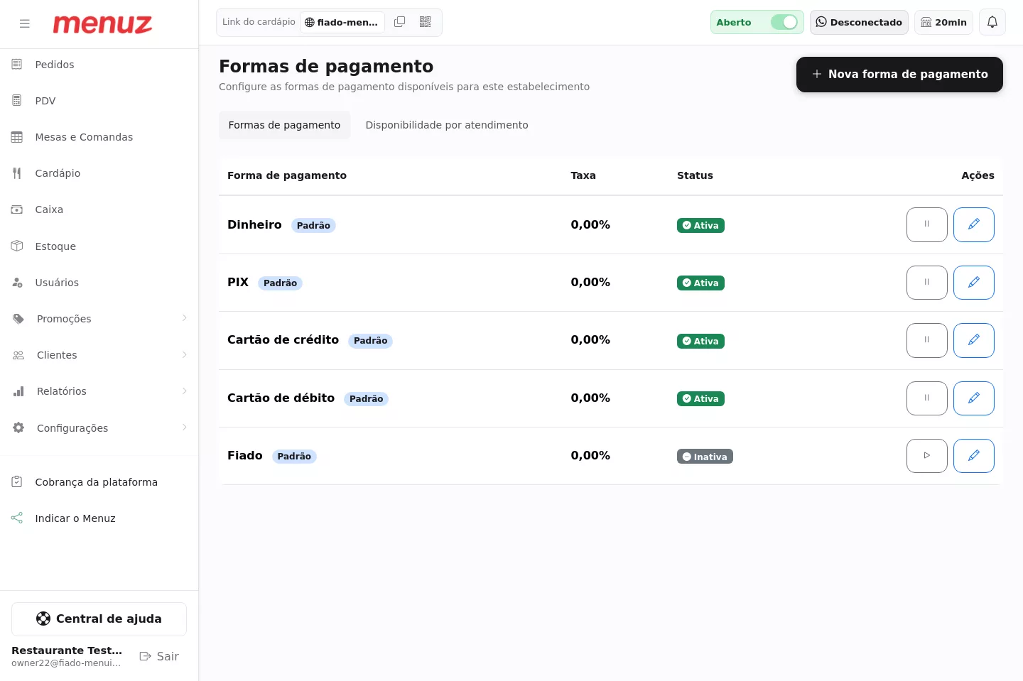 Ativação da forma de pagamento Fiado no Menuz