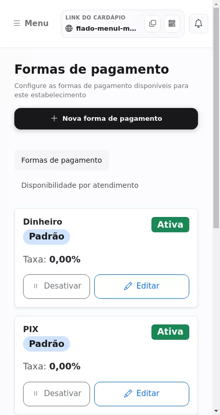 Ativação da forma de pagamento Fiado no Menuz