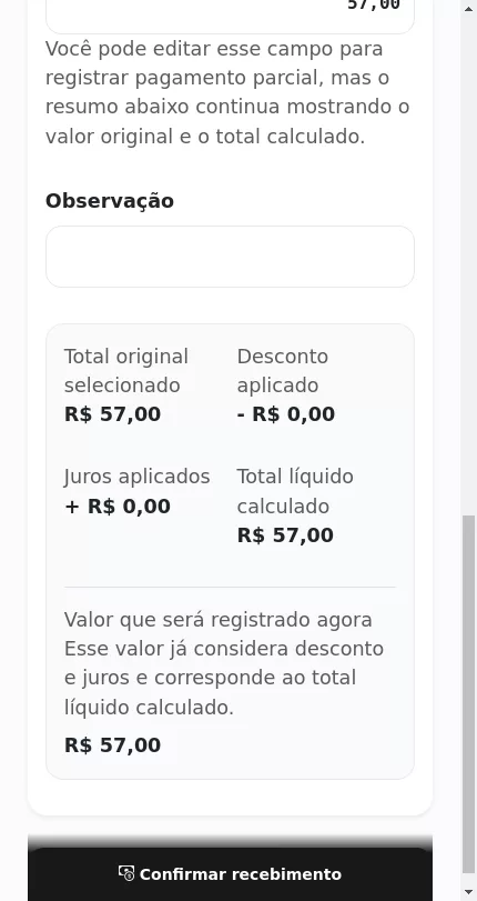Formulário de confirmação do recebimento do Fiado no Menuz