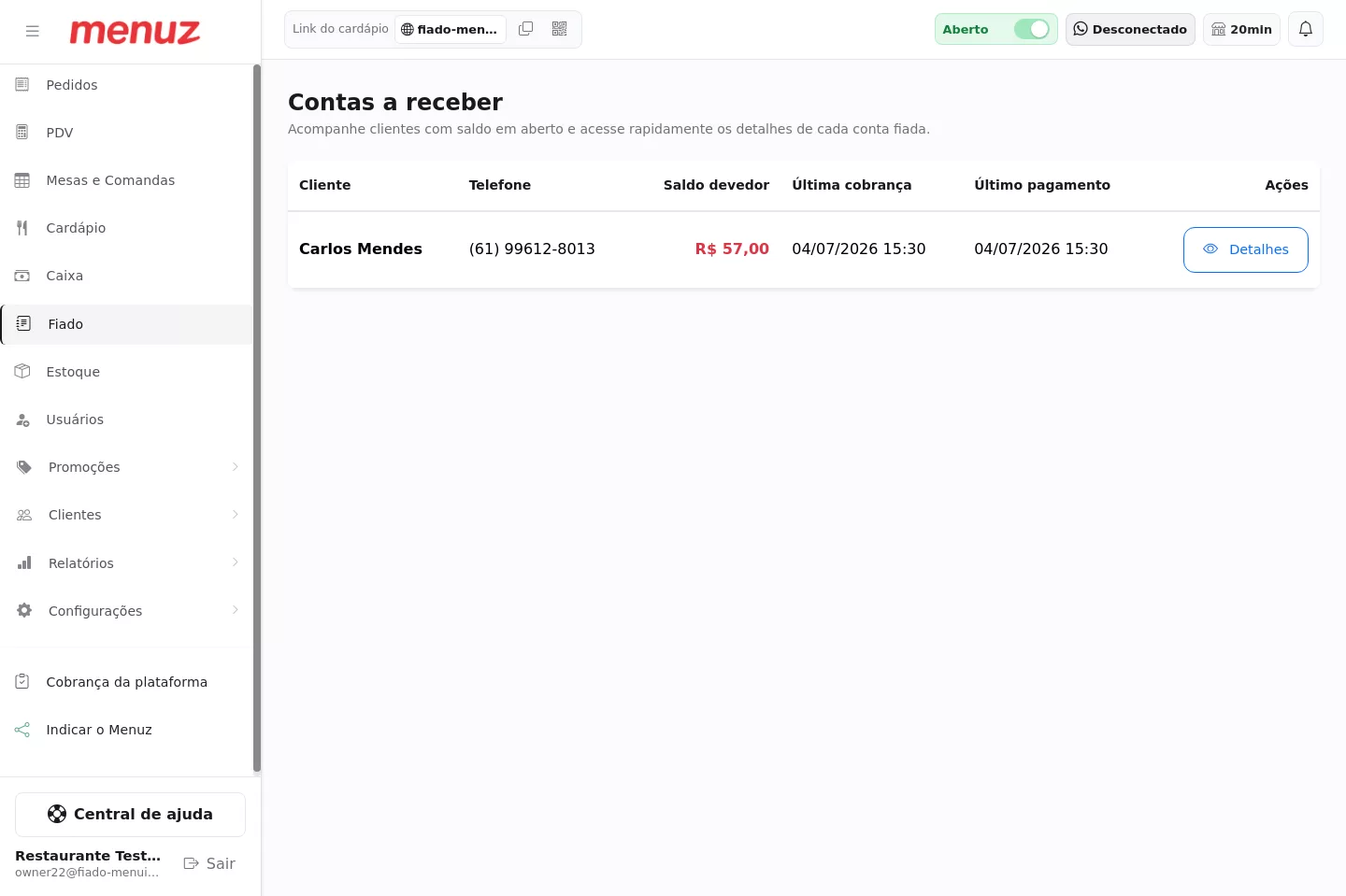 Lista de contas a receber do Fiado no Menuz