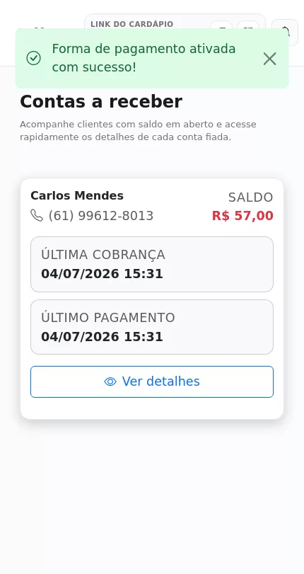 Lista de contas a receber do Fiado no Menuz