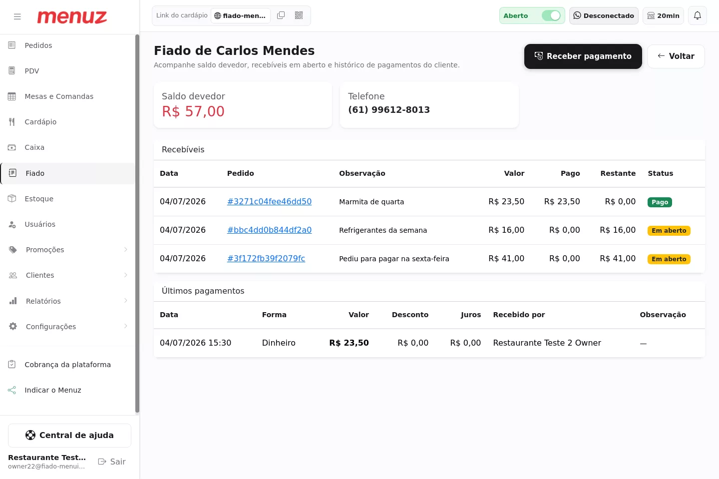 Detalhe da conta fiada de um cliente no Menuz