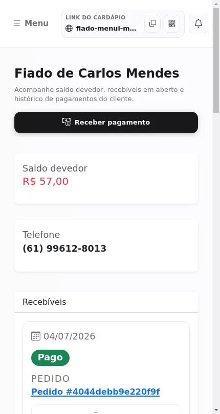 Detalhe da conta fiada de um cliente no Menuz