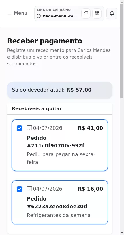 Seleção de recebíveis na tela de recebimento do Fiado no Menuz