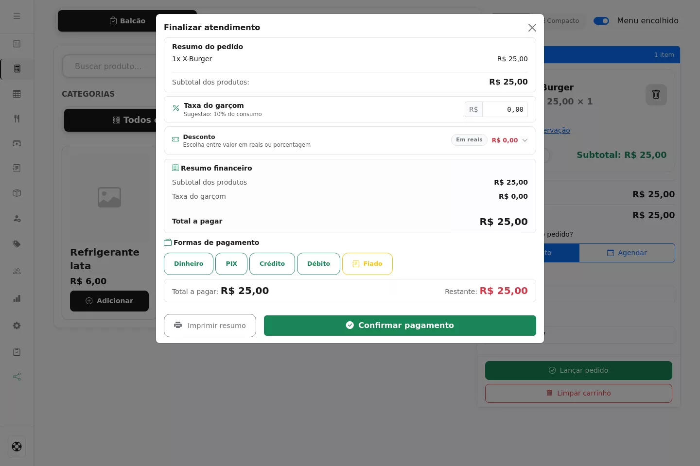 Opção de Fiado na tela de pagamento do PDV no Menuz