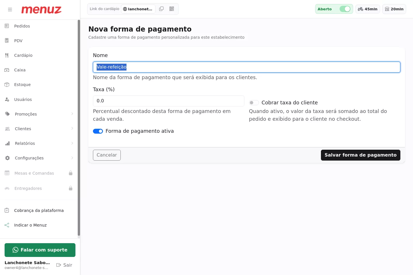 Formulário de nova forma de pagamento