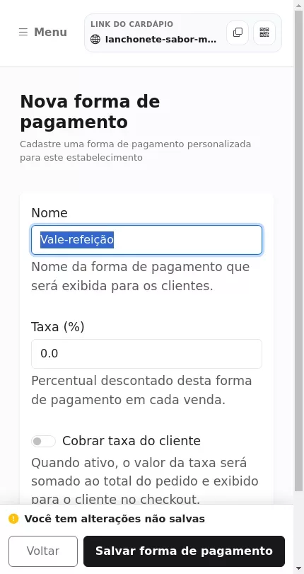 Formulário de nova forma de pagamento