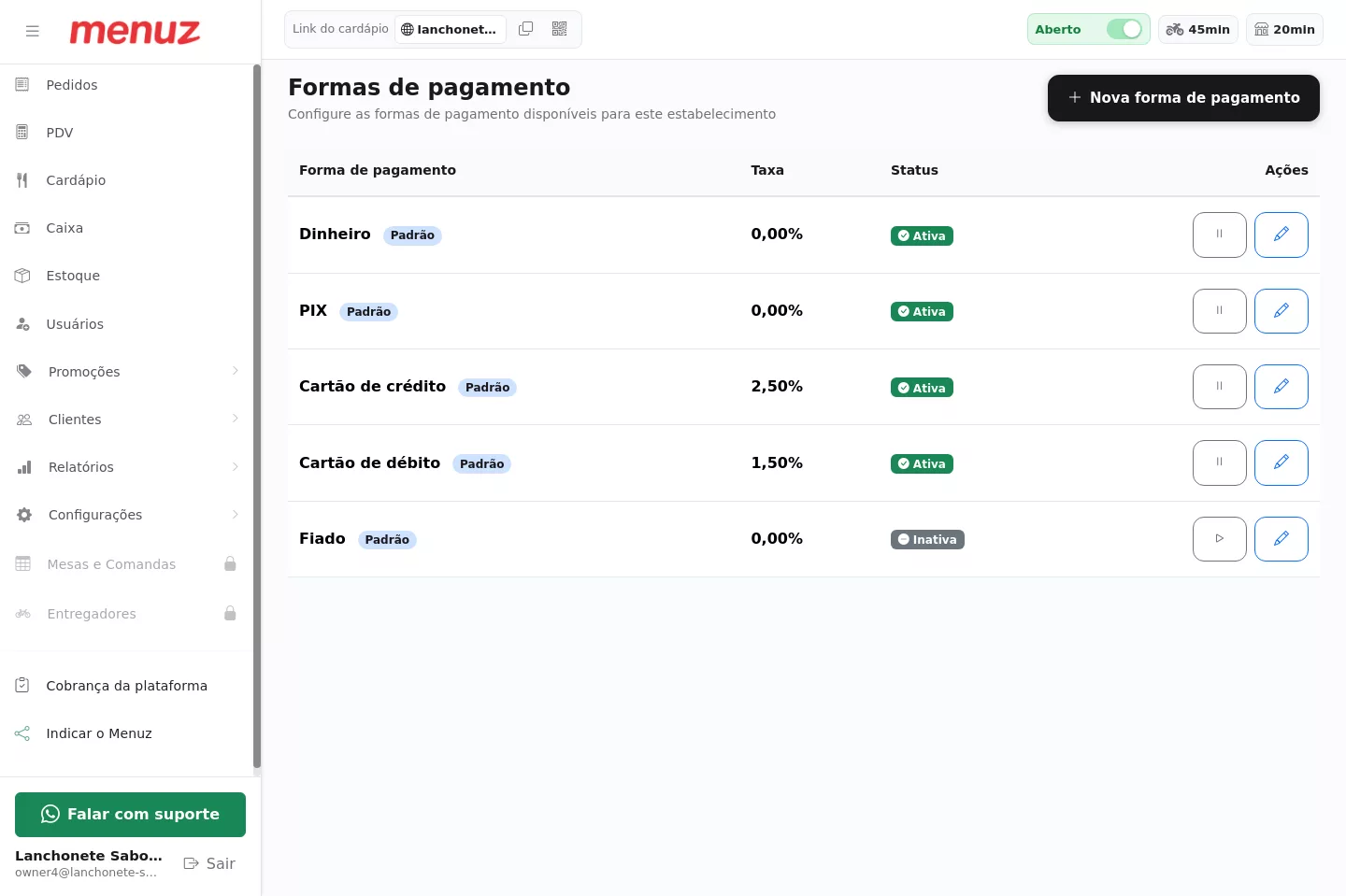 Lista de formas de pagamento