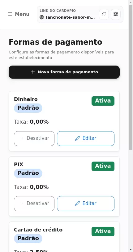 Lista de formas de pagamento