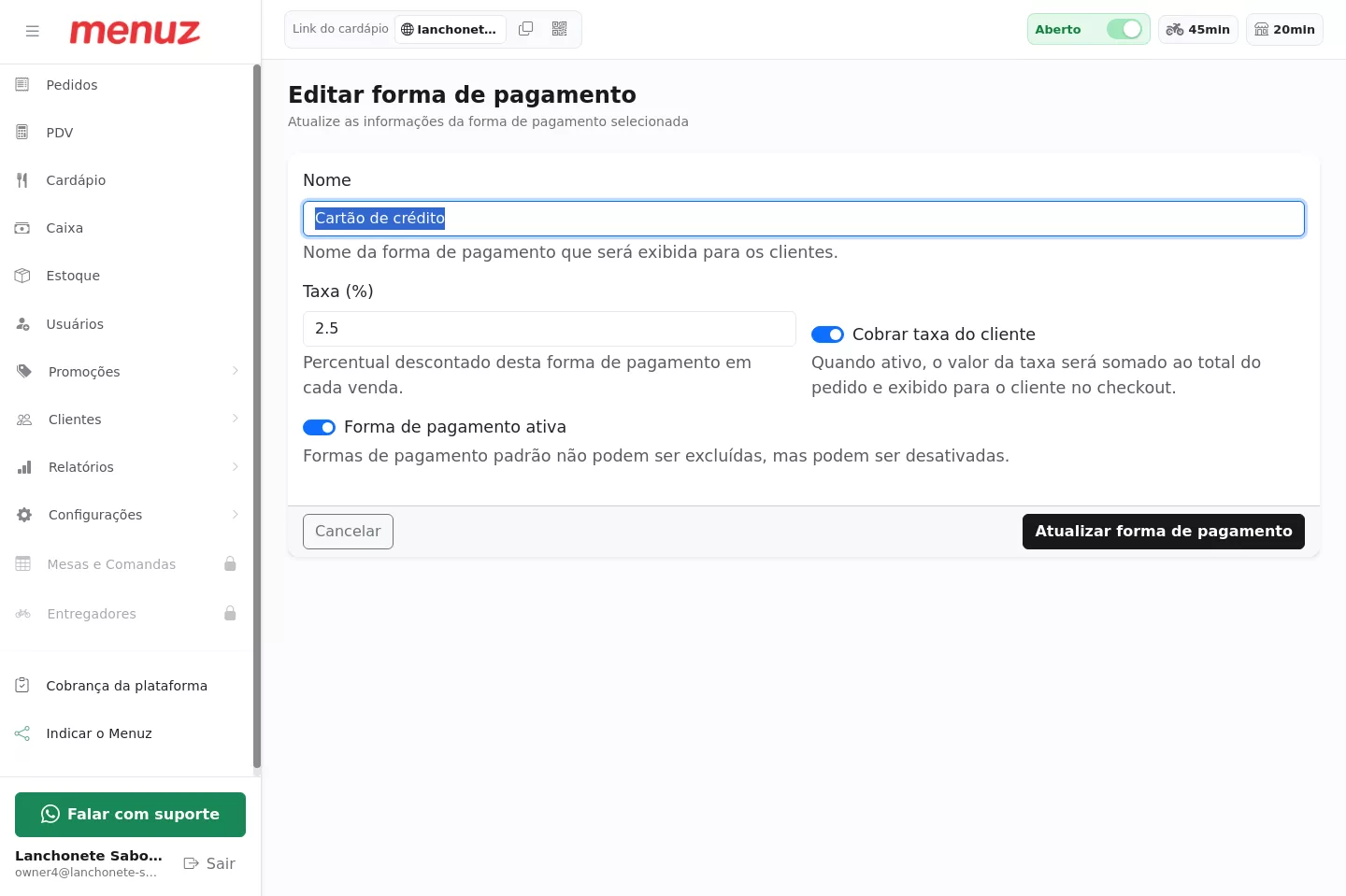 Configuração de taxa da forma de pagamento