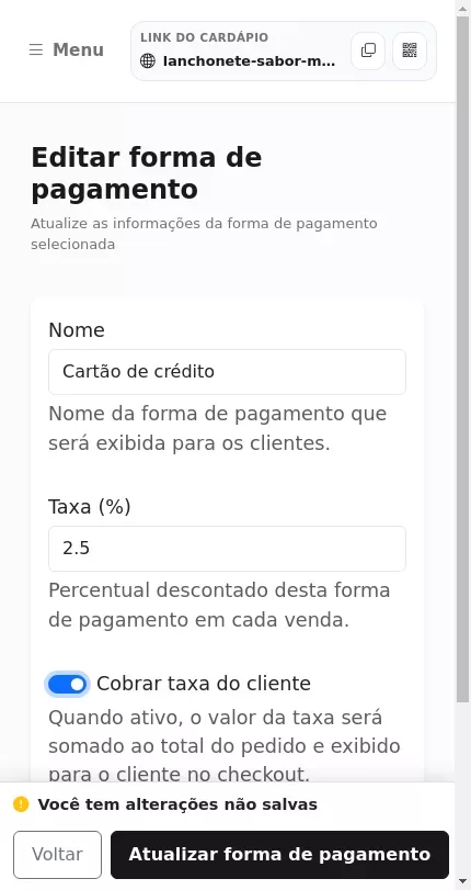 Configuração de taxa da forma de pagamento