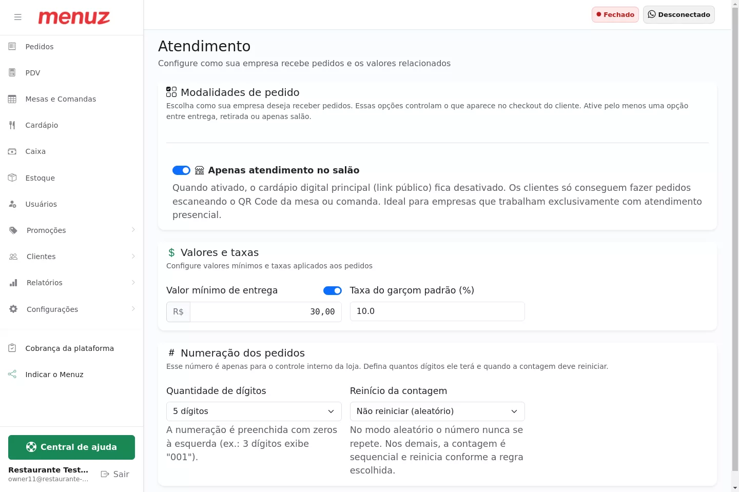 Onde ativar apenas atendimento no salão no Menuz