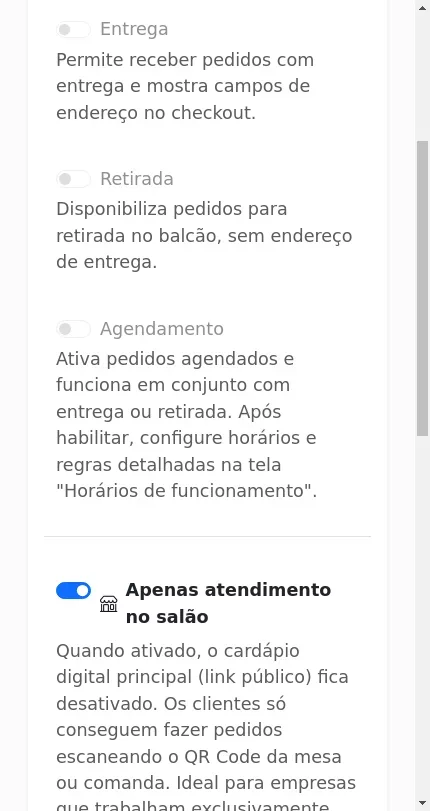 Onde ativar apenas atendimento no salão no Menuz