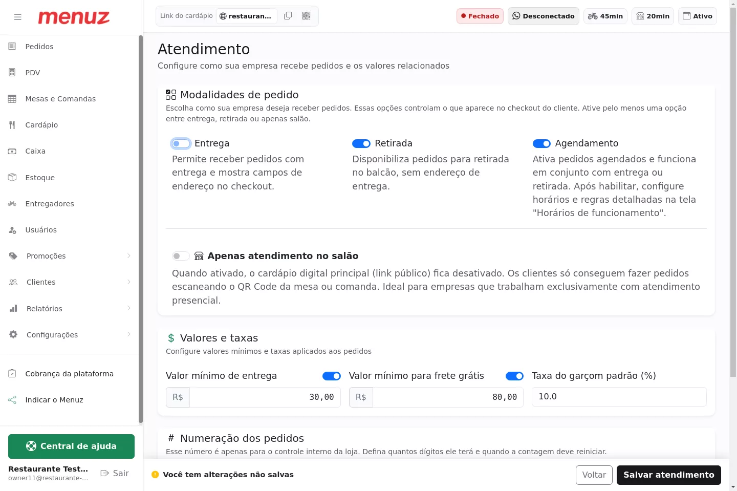 Entrega desativada na tela Atendimento do Menuz
