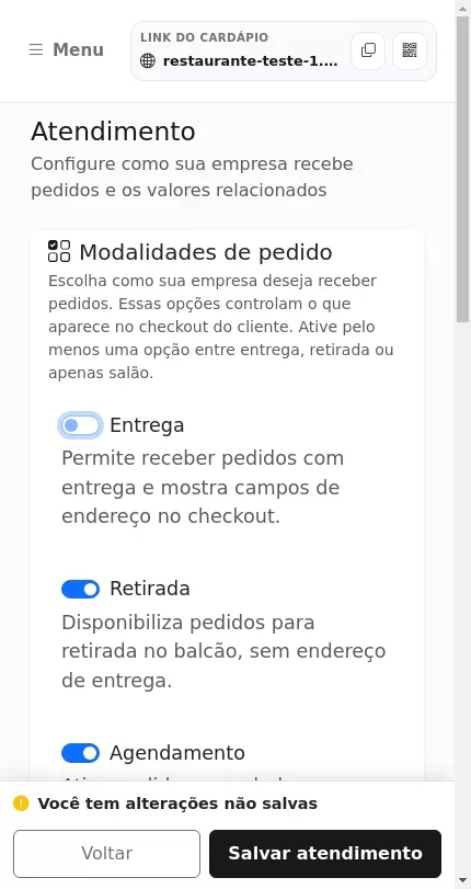 Entrega desativada na tela Atendimento do Menuz