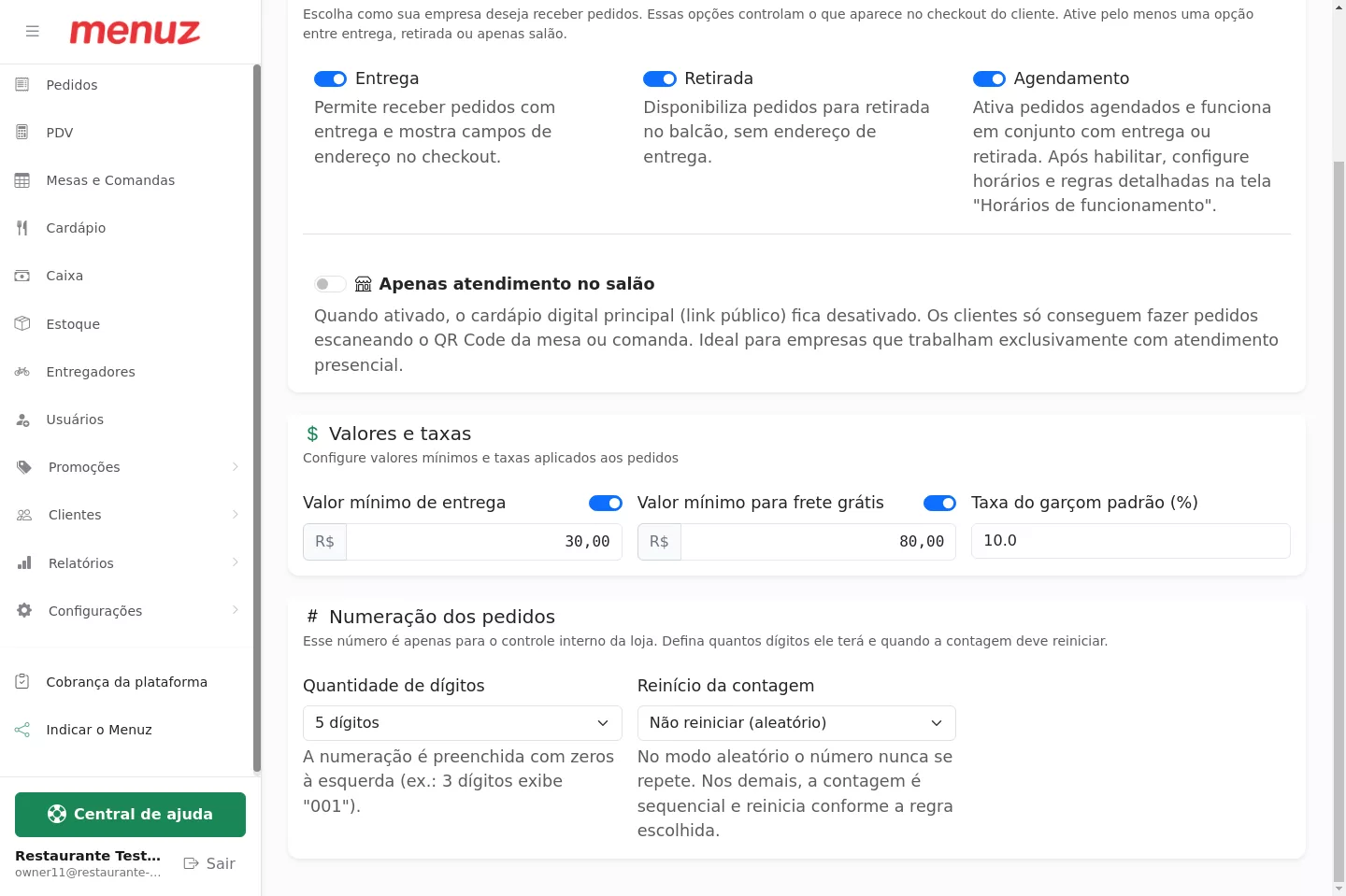Valores e taxas na tela Atendimento