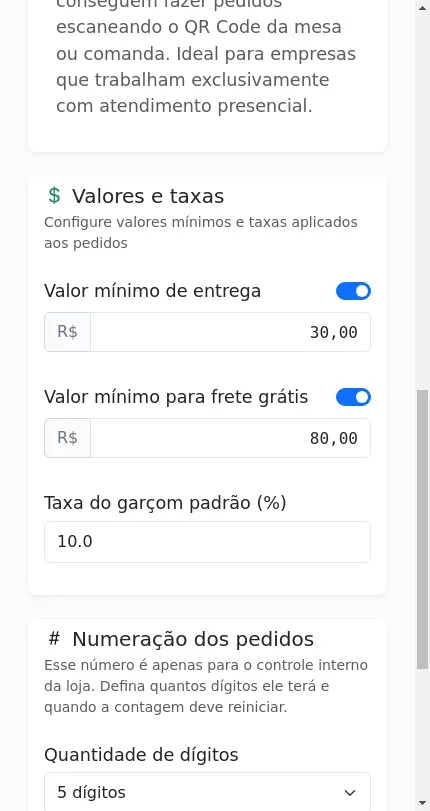 Valores e taxas na tela Atendimento