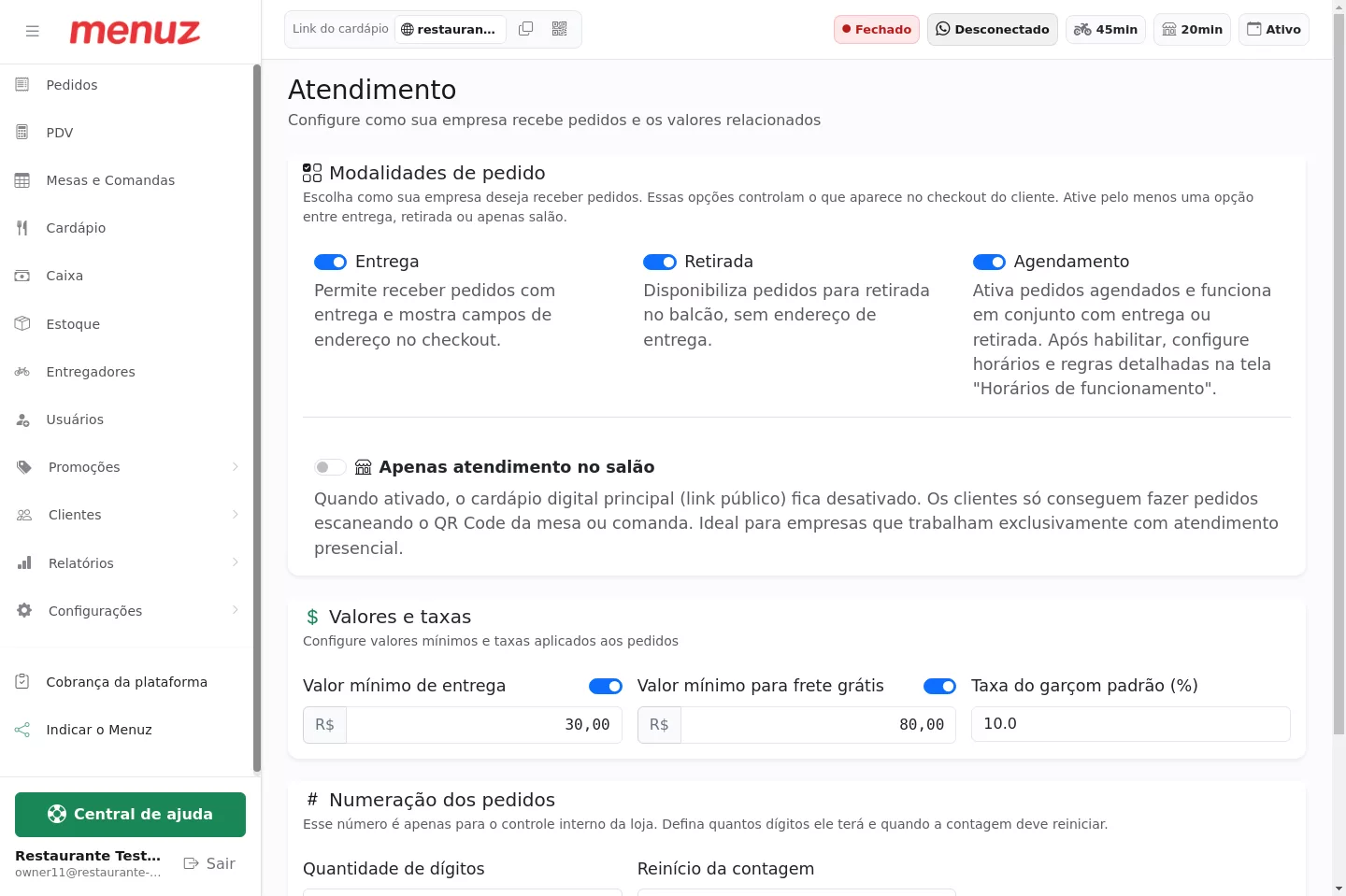 Tela Atendimento no Menuz