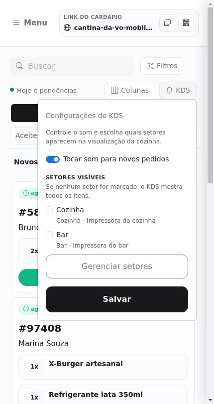 Configurações do KDS