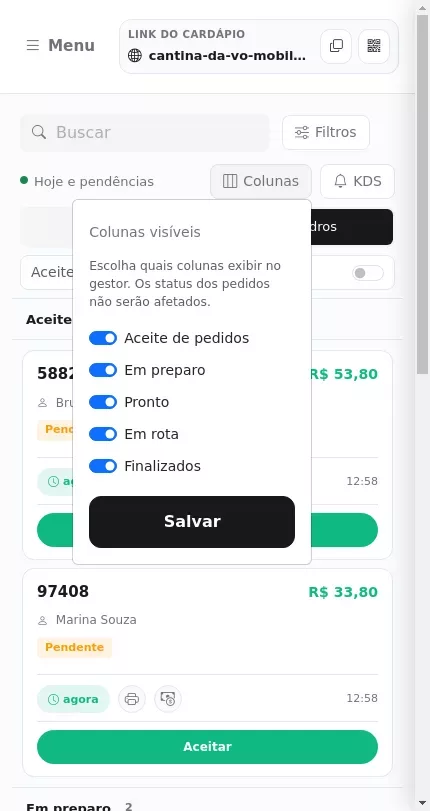 Configuração das colunas do quadro