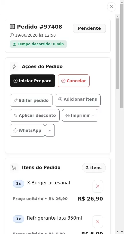 Painel de detalhe do pedido