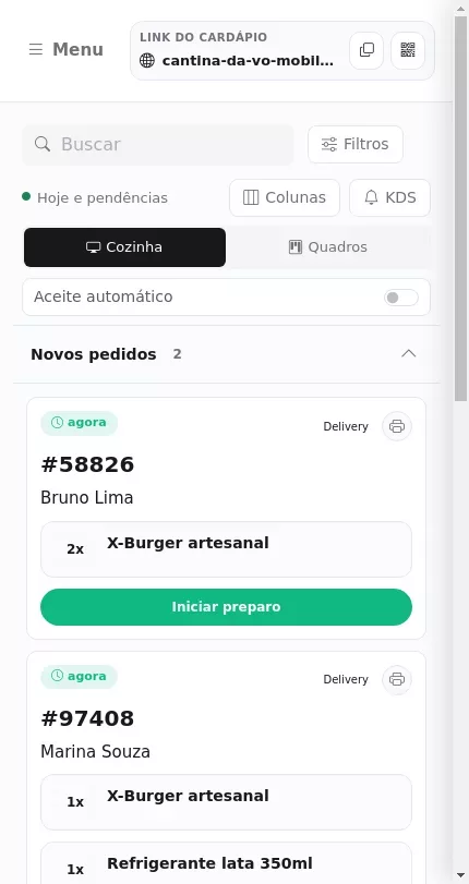 Modo KDS na tela da cozinha