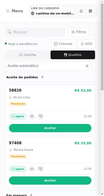 Visão de quadros do gerenciador de pedidos