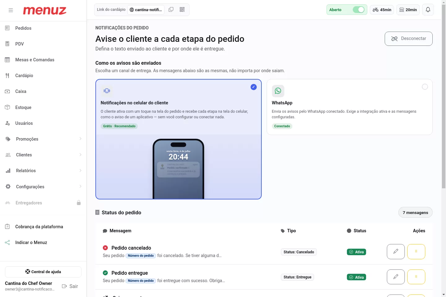 Escolha do canal de envio das notificações do pedido no Menuz